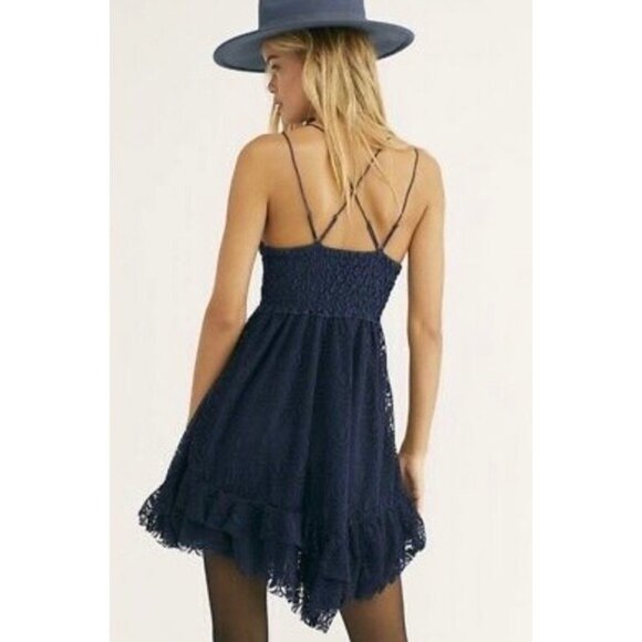 NWT Free People Blue Burnout Velvet Lace Mini Slip Dress | Boho Whimsigoth Fairy - Picture 7 of 16